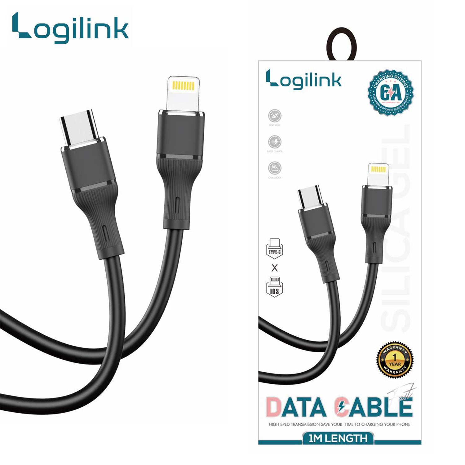 LOGILINK TYPE C TO LIGHTNING SILICONE FAST CHARGING DATA CABLE 1M