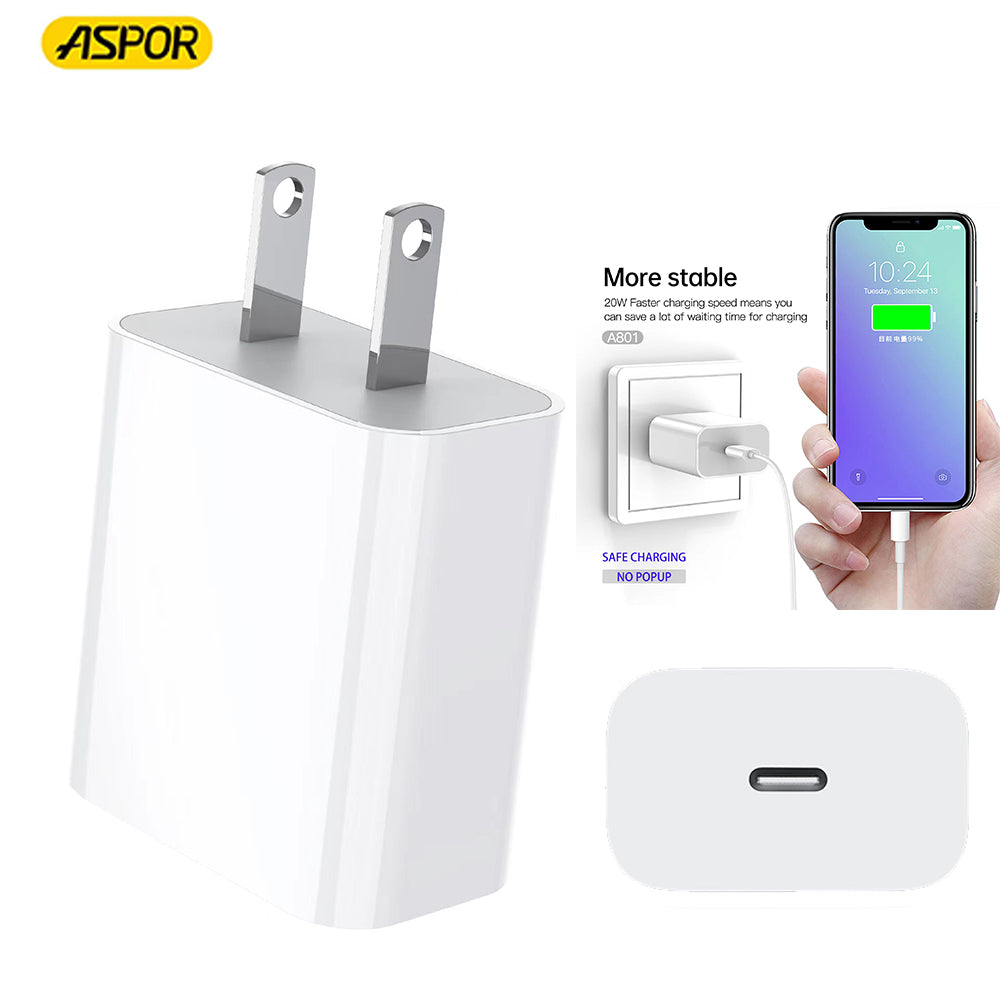 Aspor A801 New 20w Us Pin USB-C Fast Charging QC 3.0 White