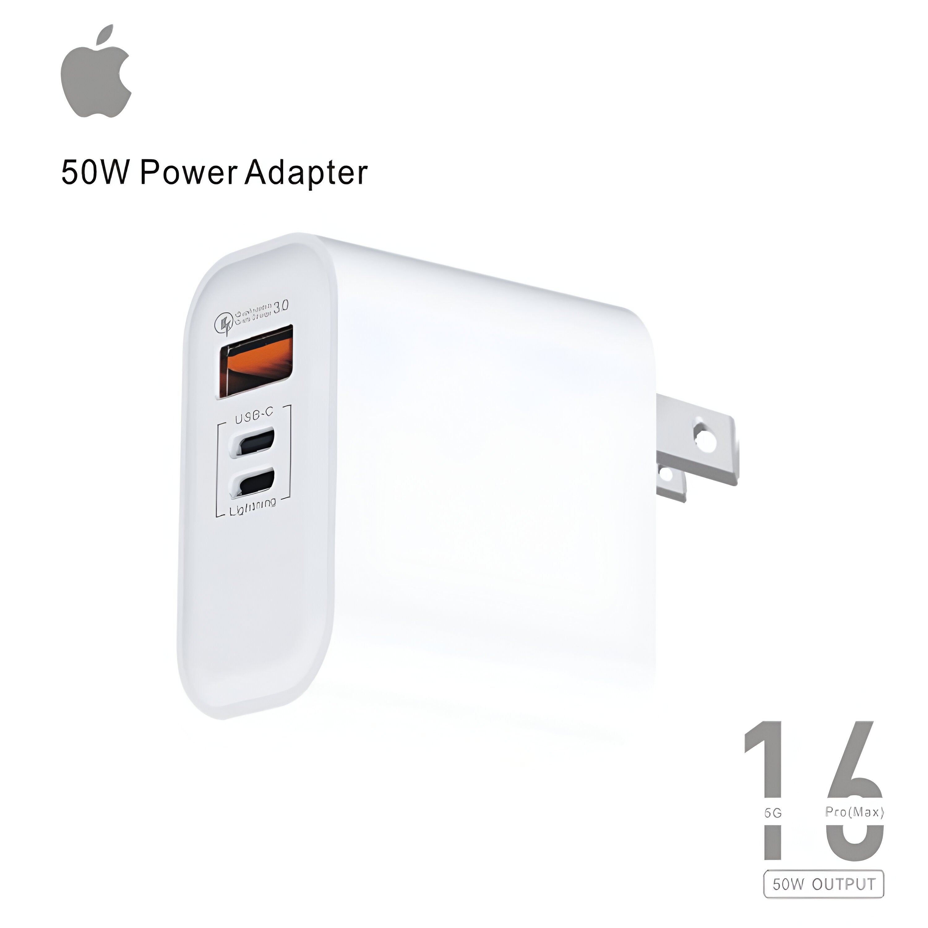 IPHONE 16 PRO MAX 50W POWER ADAPTER WITH 3 PORTS ( USB-A USB-C OR LIGHTNING )